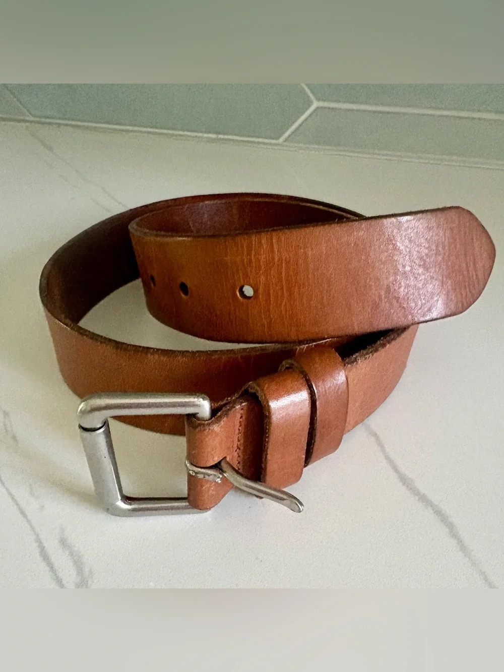 Polo Ralph Lauren Men's Brown Saddle Leather Belt Silver Buckle Logo Patch Sze34